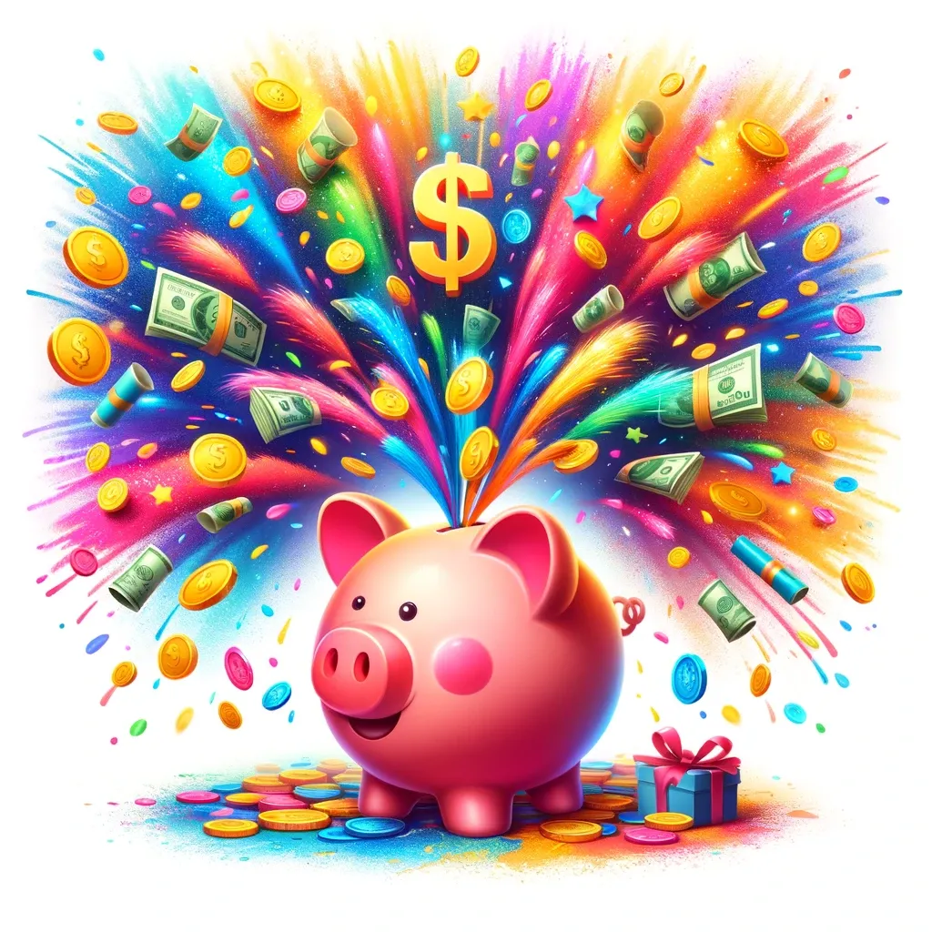Une illustration colorée d’une tirelire entourée de feux d’artifice éclatants et d’une cascade de pièces et de billets multicolores, symbolisant l’excitation d’une manne financière.