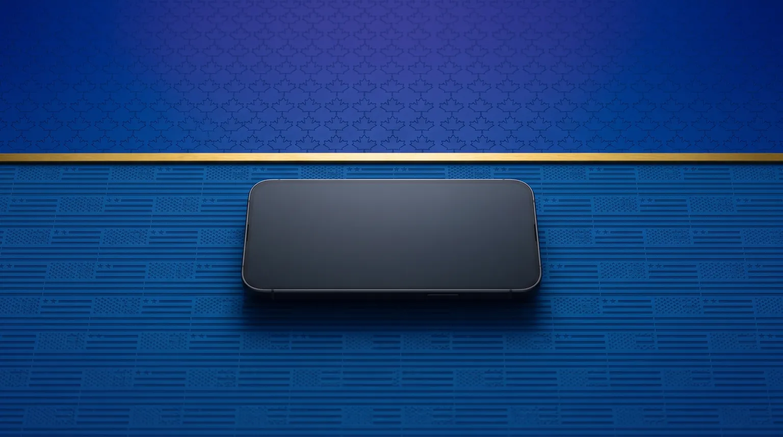 A phone on a blue field of US flags, below a gold line with maple leaves.