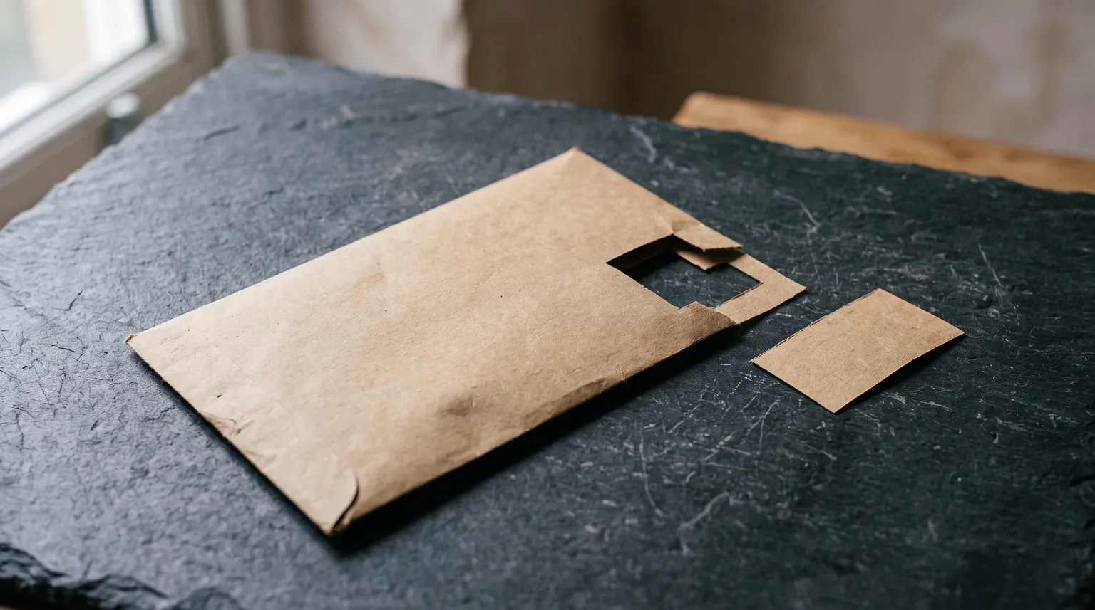 A brown pay envelope on dark slate with a rectangle cut out of it, the cut piece beside it.