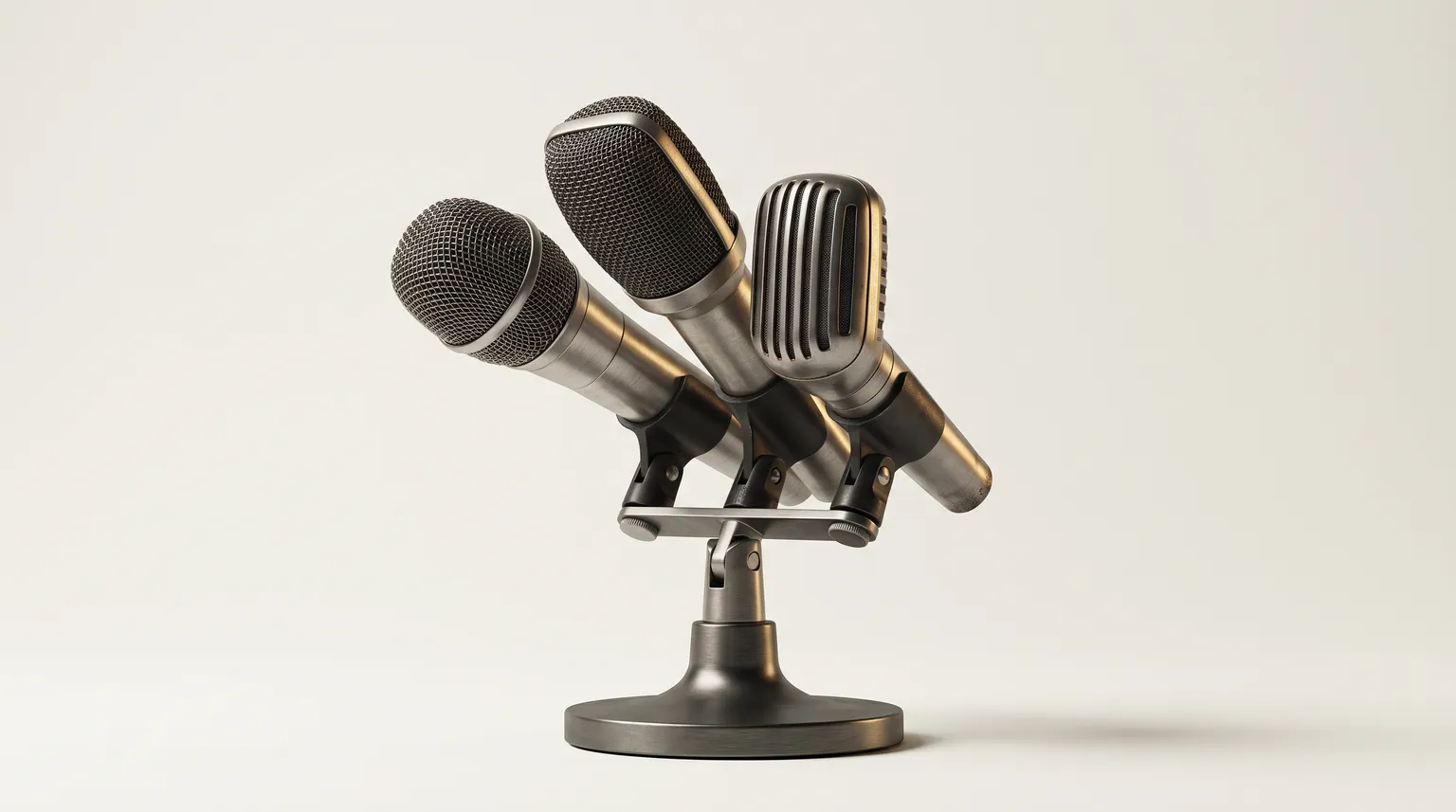 A cluster of vintage press microphones on a stand against a clean off-white background.