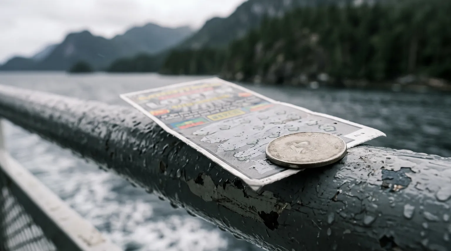 A scratch ticket and a coin on a wet ferry railing, coastal mountains blurred behind.