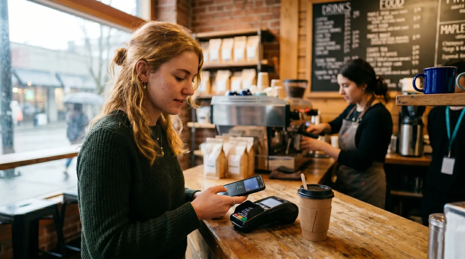 A person tapping a phone to pay at a cafe counter, a coffee on the counter beside them.
