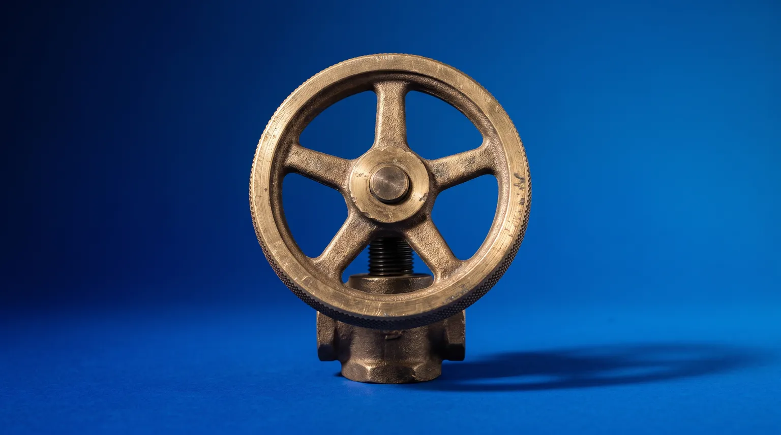 A heavy brass valve wheel turned most of the way closed, lit from one side on a deep blue surface.