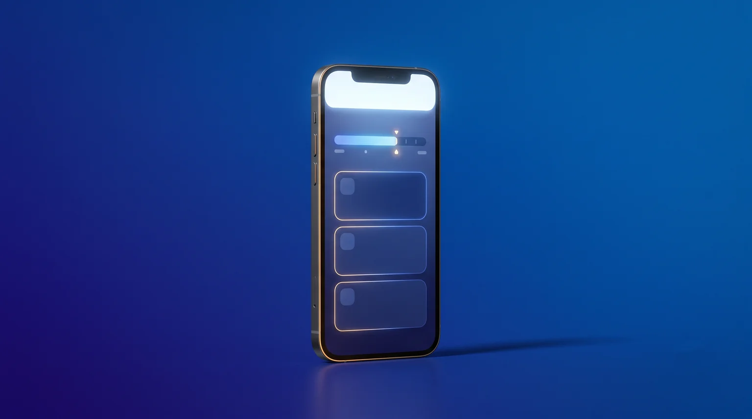 A smartphone showing a minimal banking app glows on a deep blue background with a small gold accent.